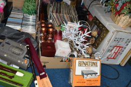 FIVE BOXES OF MISCELLANEOUS SUNDRIES, to include a vintage Nippon Busicom pinwheel mechanical
