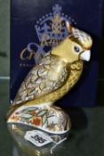 A BOXED ROYAL CROWN DERBY CITRON COCKATOO, bearing gold stopper, red printed backstamp and date
