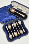 A SELECTION OF SILVER SPOONS, a cased set of six silver tea spoons, decorated with a floral bright