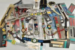 AN BOX OF 'SWATCH' WRISTWATCHES, assorted watches, some unworn and in original packaging, a