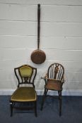 AN EDWARDIAN MAHOGANY AND INLAID NURSING CHAIR, along with a 19th century elm child's high chair,