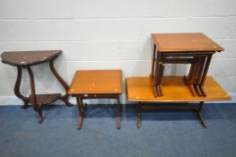 A SELECTION OF TEAK OCCASIONAL FURNITURE, to include a coffee table, nest of three tables, Stag lamp