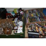 FOUR BOXES OF BOXED MUGS, ASSORTED GLASSES AND DVDS ETC, to mugs include Scrabble, Ladybird,