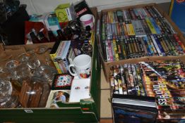 FOUR BOXES OF BOXED MUGS, ASSORTED GLASSES AND DVDS ETC, to mugs include Scrabble, Ladybird,