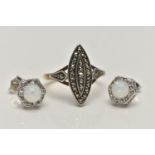 A RING AND A PAIR OF EARRINGS, marquise ring set with marcasite, in a wihte metal mount, leading