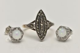 A RING AND A PAIR OF EARRINGS, marquise ring set with marcasite, in a wihte metal mount, leading