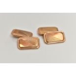 A PAIR OF 9CT GOLD CUFFLINKS, yellow gold rectangular form with cut off edges, engine turned
