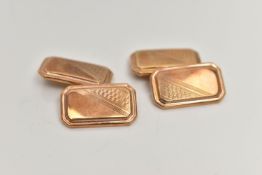 A PAIR OF 9CT GOLD CUFFLINKS, yellow gold rectangular form with cut off edges, engine turned