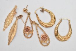 THREE PAIRS OF EARRINGS, to include a pair of 9ct gold drop earrings, designed as a drop shape