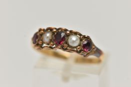AN EARLY VICTORIAN GEM SET RING, designed as three circular and oval cut amethysts insterspaced by