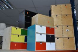 FIVE SETS OF PLYWOOD DRAWERS, together with a small plywood box, comprising a tall set of eight deep