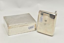 A GEORGE V SILVER TOBACCO BOX AND A SILVER CIGARETTE BOX, the tobacco box of plain rectangular