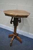 A 19TH CENTURY OAK ECCLESIASTICAL OCCASIONAL TABLE, on chamfered supports and four shaped legs, 46cm