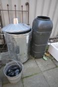 A GALVANISED INCINERATOR with lid, along with water but, and a bucket (3)