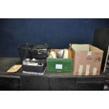 TWO TRAYS CONTAINING VINTAGE AND MODERN HOUSEHOLD ITEMS including a Gabriele 25 typewriter, a