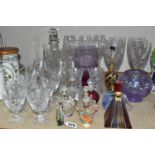 A GROUP OF CUT CRYSTAL AND COLOURED GLASS, comprising eight Royal Doulton red wine glasses, three