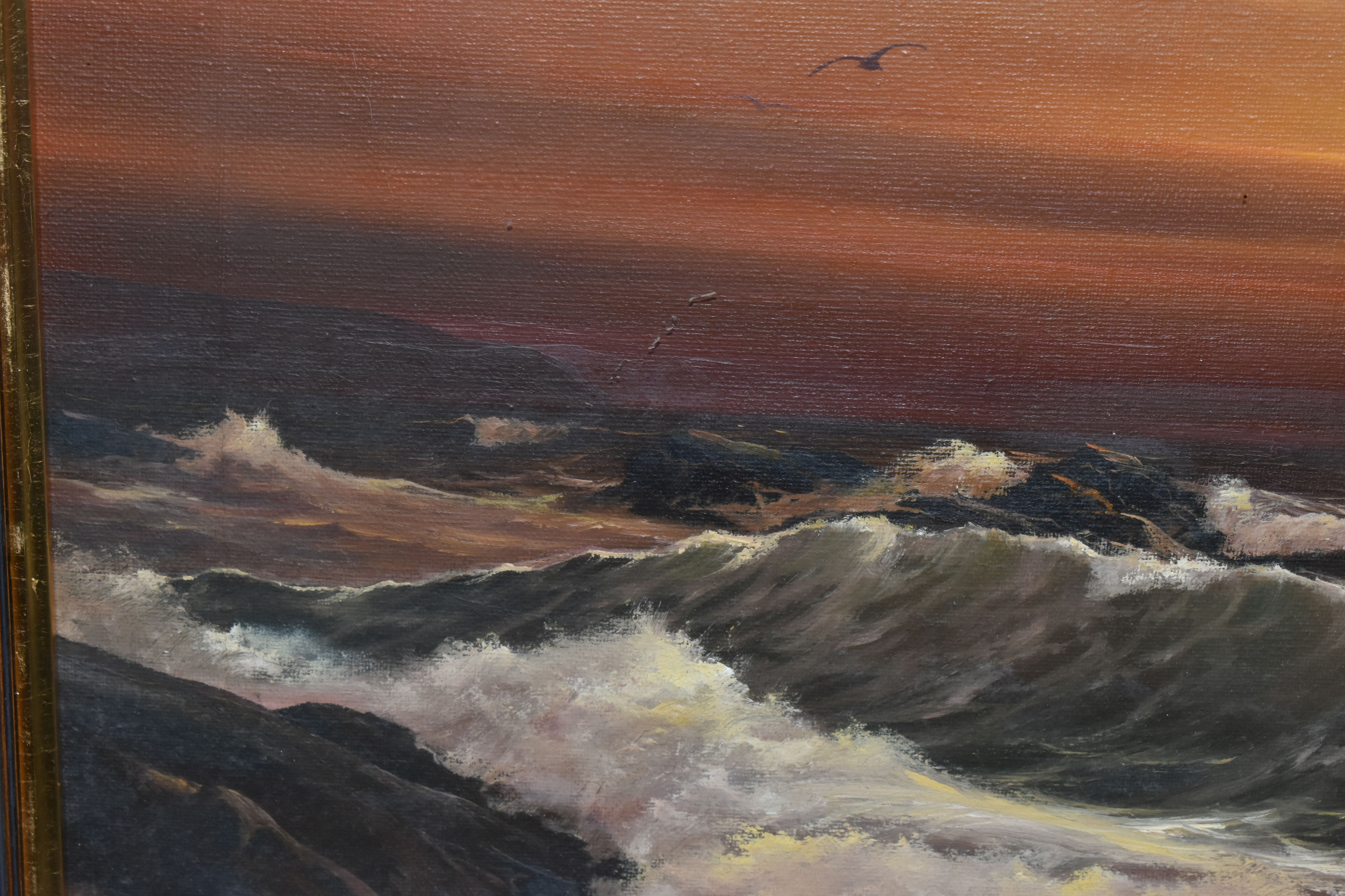 PETER COSSLETT (1927-2012) SUNSET COASTAL LANDSCAPE, waves are breaking over small rocks on the - Image 4 of 4