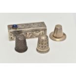 FOUR SILVER AND WHITE METAL ITEMS, two include a silver thimble hallmarked Chester, a white metal