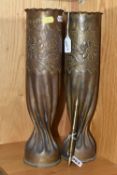 THREE PIECES OF TRENCH ART, comprising a near pair of fluted vases, stamped 'Verdun', height 13.5cm,