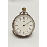 A LATE VICTORIAN SILVER OPEN FACE POCKET WATCH, manual wind, round white dial, Roman numerals,