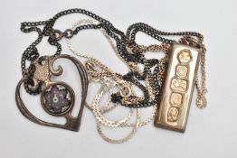 TWO SILVER PENDANTS AND THREE CHAINS, to include a silver ingot hallmarked Sheffield 1977, length