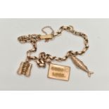 A YELLOW METAL BRACELET AND CHARMS, a belcher link chain bracelet, fitted with a folding clasp and