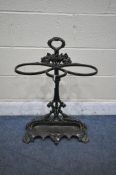 A BLACK PAINTED CAST IRON STICK STAND, with a loose tray insert, height 72cm (condition report: -