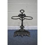 A BLACK PAINTED CAST IRON STICK STAND, with a loose tray insert, height 72cm (condition report: -