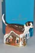 A BOXED ROYAL CROWN DERBY FOXHOUND, bearing gold stopper and red printed backstamp, height 16cm (1 +