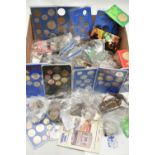 A LARGE BOX CONTAINING COMMEMORATIVE AND UK £5 COIN ETC