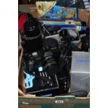 A BOX OF VINTAGE PHOTOGRAPHIC EQUIPMENT, to include a Chinon CP-7m 35mm SLR camera, Chinon 50mm f1.4