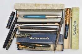AN ASSORTMET OF PENS, to include four fountain pens, names to include Waterman's, Mentmore, De La