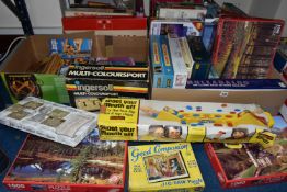 FOUR BOXES & LOOSE JIGSAW PUZZLES and BOARD GAMES to include Monopoly, Mastermind, Yahtzee,