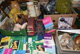 A BOX AND LOOSE CERAMICS, GLASS, PICTURES AND SUNDRY ITEMS, to include a West German floor vase,