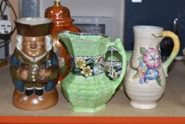 A ROYAL DOULTON STONEWARE TOBY JUG, CLARICE CLIFF JUG AND MALING LUSTREWARE, comprising a Clarice