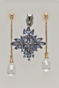 A GEM SET PENDANT AND A PAIR OF EARRINGS, the 9ct white gold pendant of a star design, set with