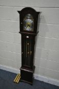A MODERN FENCLOCKS MAHOGANY GRANDDAUGHTER CLOCK, with a brass and silvered dial, height 151cm (