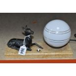 A FRENCH ART DECO STYLE TABLE LAMP, white striped glass globe shade and recumbent deer (1) (