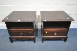 A PAIR OF STAG MINSTREL BEDSIDE CABINETS, with a single drawer, width 53cm x depth 47cm x height