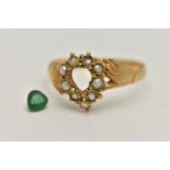 A LATE VICTORIAN 15CT GOLD RING, AF a principle triangular cut green paste stone (free from