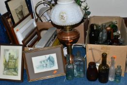 THREE BOXES OF VINTAGE BOTTLES AND MISCELLANEOUS SUNDRIES, to include stoneware jam pots, a