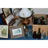 THREE BOXES OF VINTAGE BOTTLES AND MISCELLANEOUS SUNDRIES, to include stoneware jam pots, a