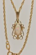 A 9CT GOLD OPAL PENDANT NECKLACE, the oval opal within a collet setting to the scrolling wire