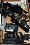 A BOX OF BINOCULARS, TORCHES, JEWELLERY STANDS AND SUNDRY ITEMS, to include a Mag-Lite LED torch,