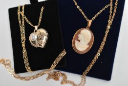 A 9CT GOLD NECKLACE AND A YELLOW METAL CAMEO NECKLACE, a heart locket with floral detail, hallmarked