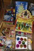 TWO BOXES OF VINTAGE MID-CENTURY CHRISTMAS DECORATIONS AND TREE LIGHTS, to include an original box