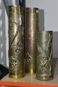 A PAIR OF TRENCH ART VASES, decorated with an ivy leaf design, height 35cm, together with a