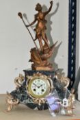 A FRENCH MARBLE CLOCK, gilt metal figurine standing on the stern of a ship, gilt metal feet and