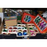 TWO BOXES OF VINTAGE 1960S CHRISTMAS DECORATIONS AND BAUBLES, to include three unused boxes of