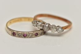 TWO GEM SET RINGS, the first designed as five old cut diamonds, prong set in white metal leading